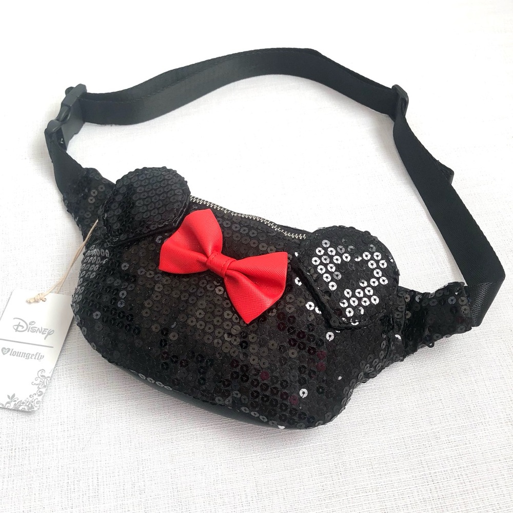 NWT Loungefly Disney Minnie Mouse Sequin Belt Bag / Fanny Pack | Black, Red
